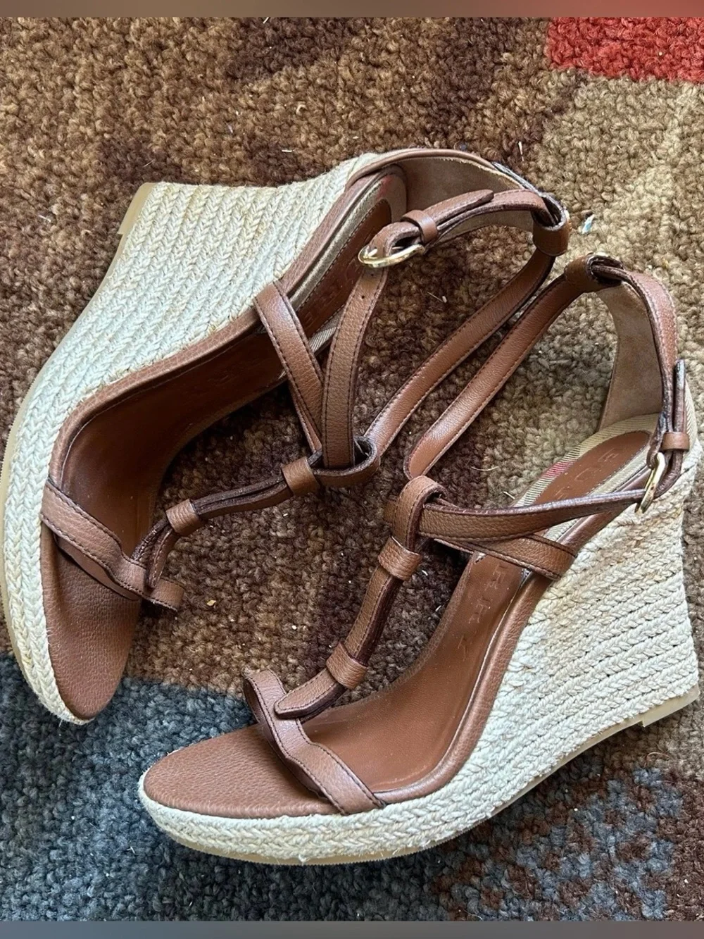 Burberry Brown Leather And Rope Espadrille Wedge Sandals House Check